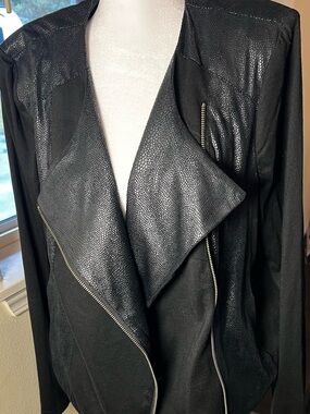 G by Giuliana Black Faux-Leather Draped Open Front Jacket